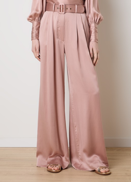 Zimmermann High waist wide fit pantalon van zijde met ceintuur - detail oudroze