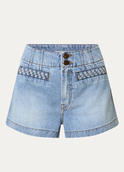 Zimmermann Indra high waist loose fit korte broek van denim - voorkant 4 indigo