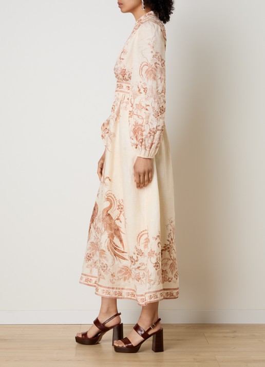 Zimmermann Indra midi blousejurk van linnen met bloemenprint - voorkant 4 beige