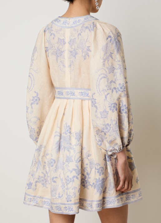 Zimmermann Indra mini blousejurk van linnen met print en strikceintuur - achterkant 5 lila