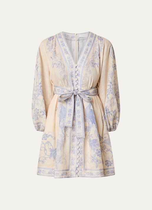 Zimmermann Indra mini blousejurk van linnen met print en strikceintuur - voorkant 3 lila