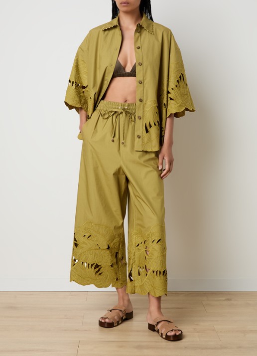 Zimmermann Mahon high waist wide fit broek met broderie - voorkant 3 mosgroen