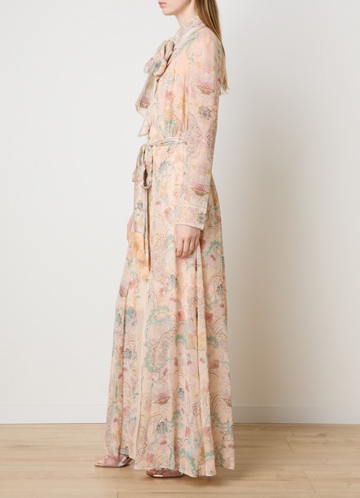 Zimmermann Rebellion maxi blousejurk met bloemenprint en strikceintuur - voorkant 5 lichtroze