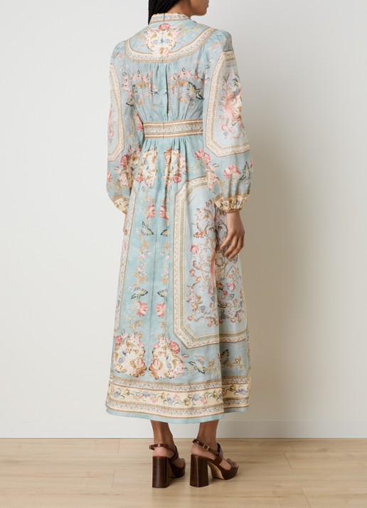 Zimmermann Roselight maxi jurk van linnen met print - achterkant blauwgrijs