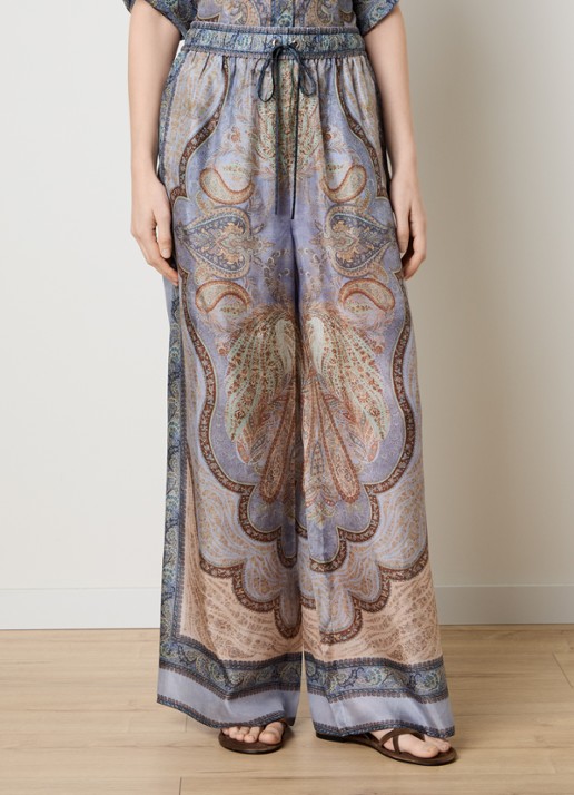 Zimmermann Wanderlust high waist wide fit palazzo broek van zijde met print - detail 4 staalblauw