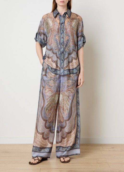 Zimmermann Wanderlust high waist wide fit palazzo broek van zijde met print - voorkant 3 staalblauw