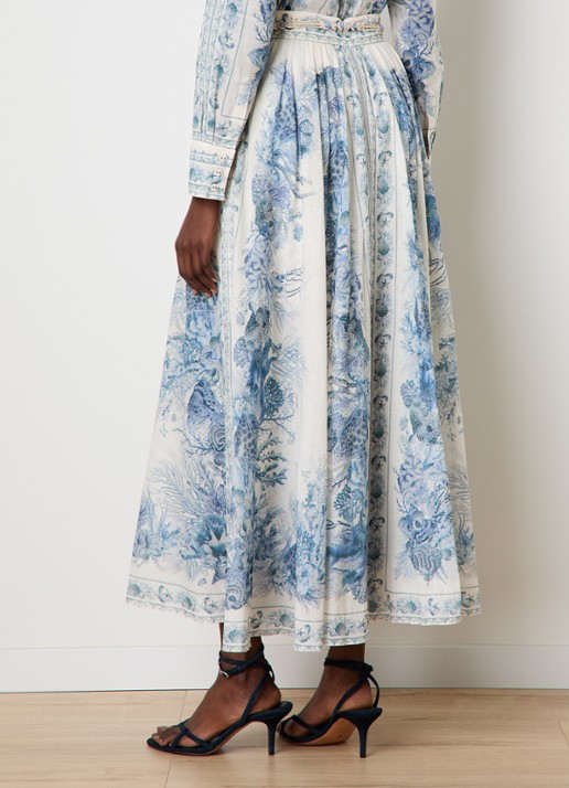 Zimmermann Wanderlust maxi A-lijn rok met strikceintuur en print - achterkant staalblauw