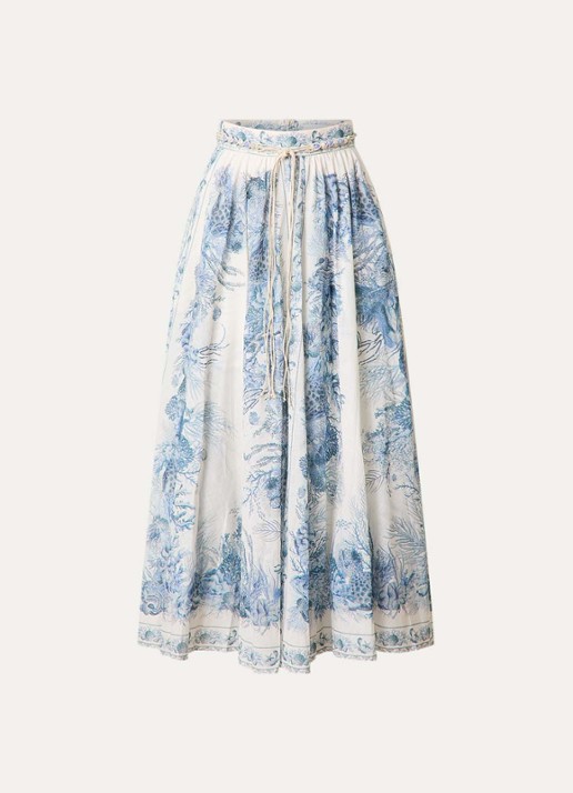 Zimmermann Wanderlust maxi A-lijn rok met strikceintuur en print - voorkant 4 staalblauw