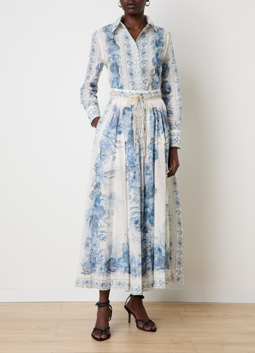 Zimmermann Wanderlust maxi A-lijn rok met strikceintuur en print - voorkant 5 staalblauw