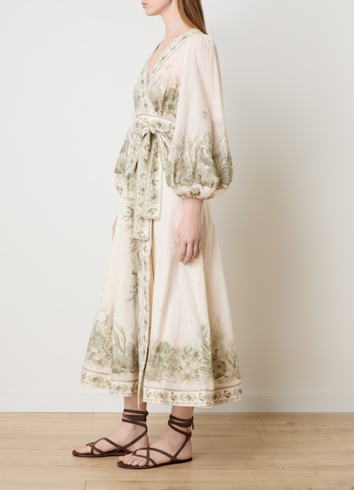 Zimmermann Wanderlust midi tuniekjurk met print en strikceintuur - voorkant 5 creme