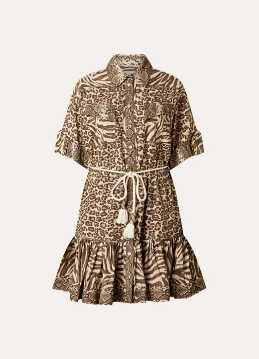 Zimmermann Wanderlust mini blousejurk met dierenprint en strikceintuur - voorkant 4 camel