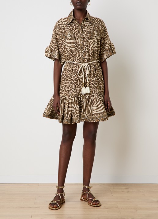 Zimmermann Wanderlust mini blousejurk met dierenprint en strikceintuur - voorkant 5 camel