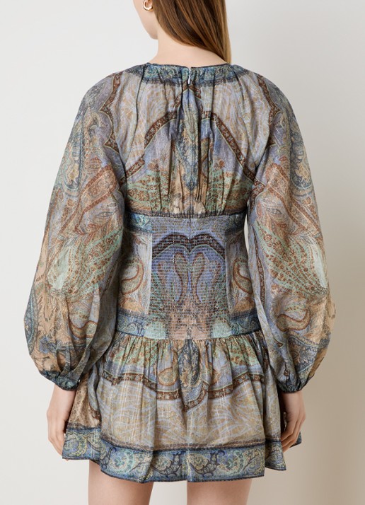 Zimmermann Wanderlust mini tuniekjurk in zijdeblend met print en lurex - achterkant staalblauw