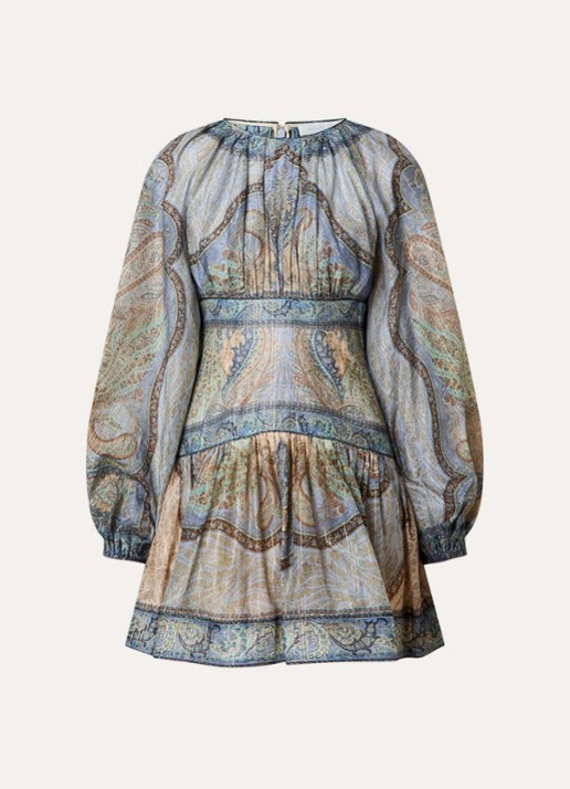 Zimmermann Wanderlust mini tuniekjurk in zijdeblend met print en lurex - voorkant 4 staalblauw